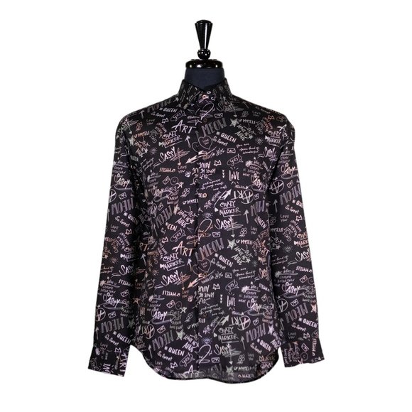 Mens Shirt Button Up Black Silky Abstract Words Dress Casual Grunge Goth Large - Picture 1 of 7